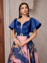Women Floral Printed Sweetheart Neckline Ruffle Short Sleeve Long Gorgeous Bridesmaid Dress